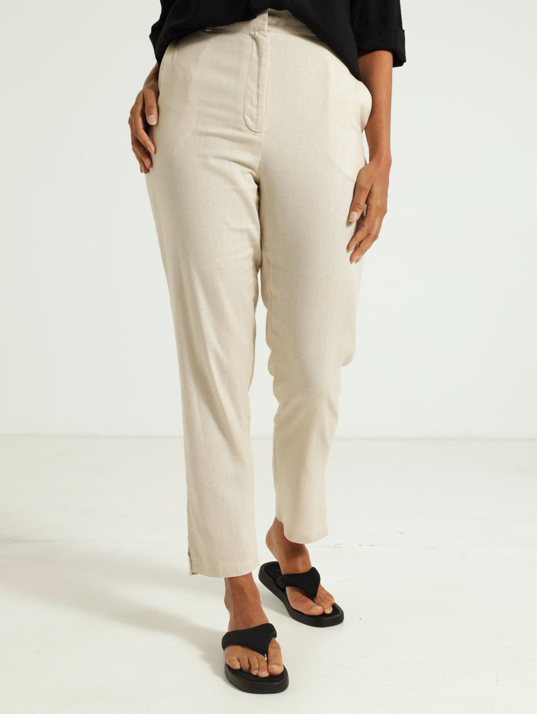 Slit Slim Leg Linen Trouser - Cream