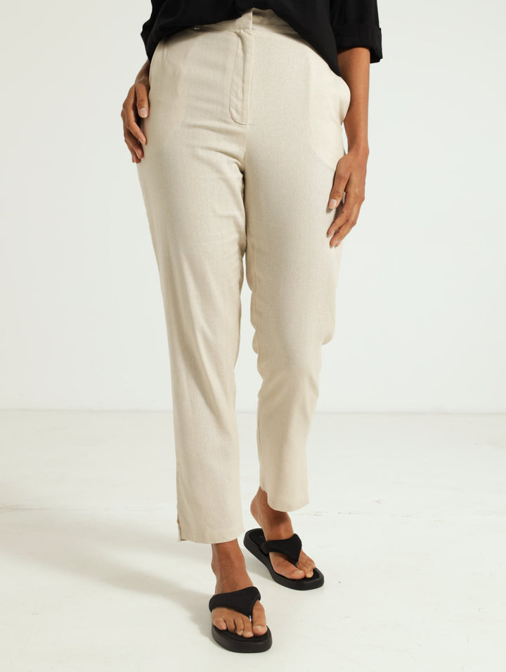 Slit Slim Leg Linen Trouser - Cream
