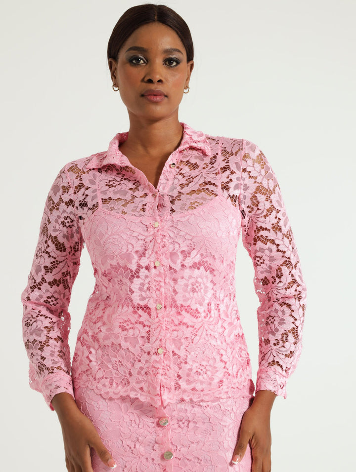 Long Sleeve Lace Shirt - Pink