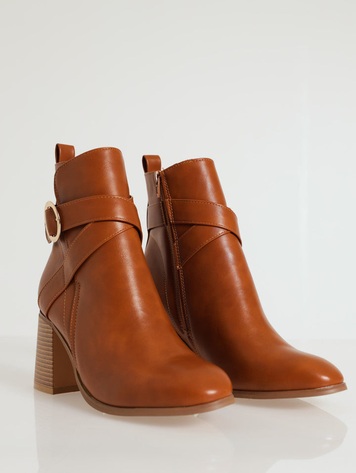 Round Toe Buckle Ankle Boot - Tan
