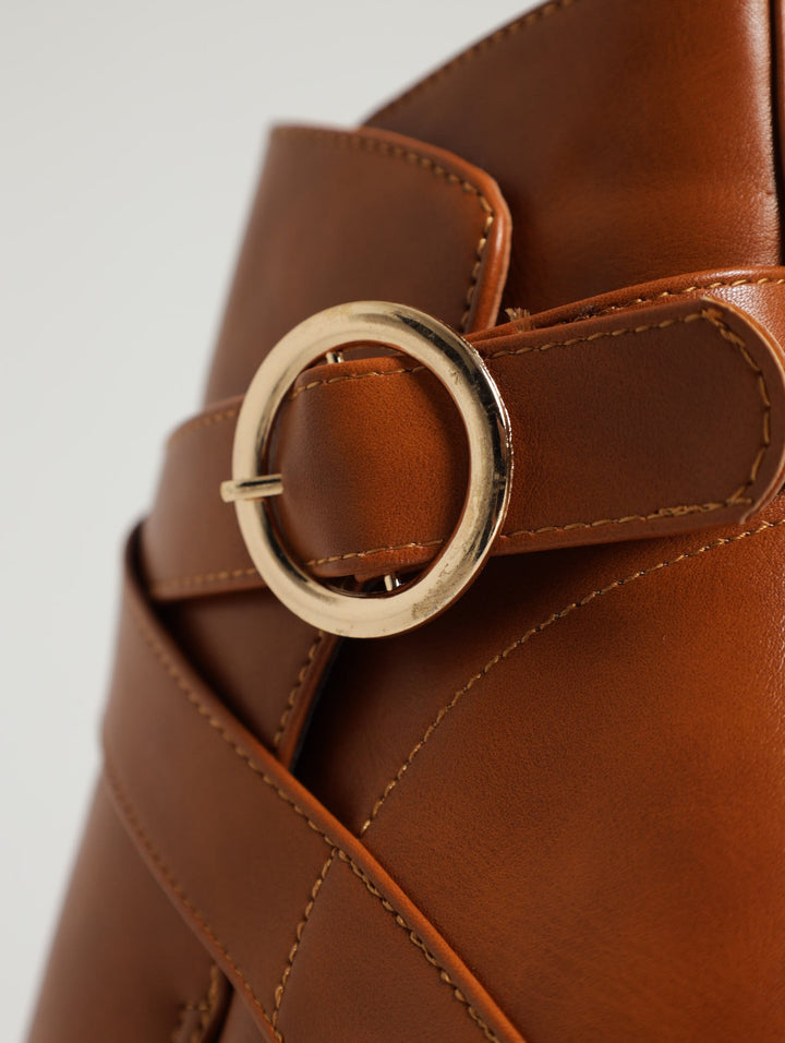 Round Toe Buckle Ankle Boot - Tan