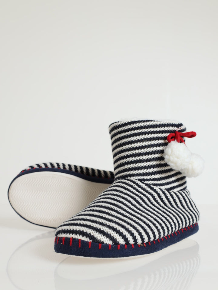 Stripe Boot Slipper With Pom Pom - Navy/White