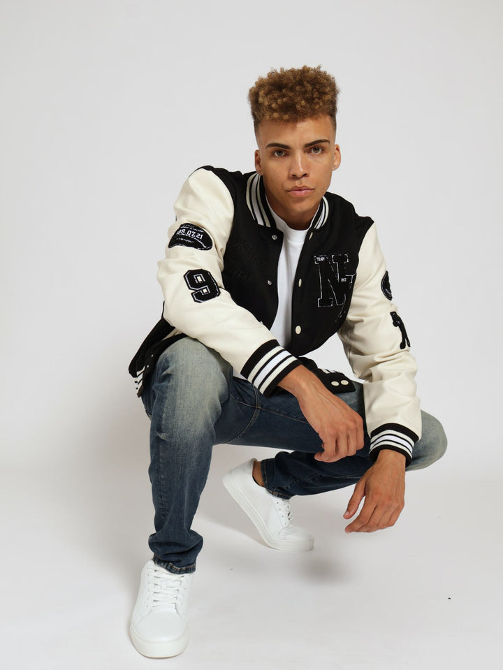 Ecru Pu Melton Fashion Bomber Jacket - Black