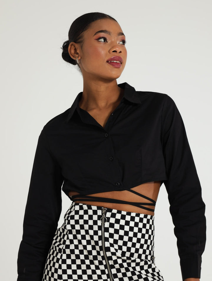 Long Sleeve Shirt With Tie Detail - Black