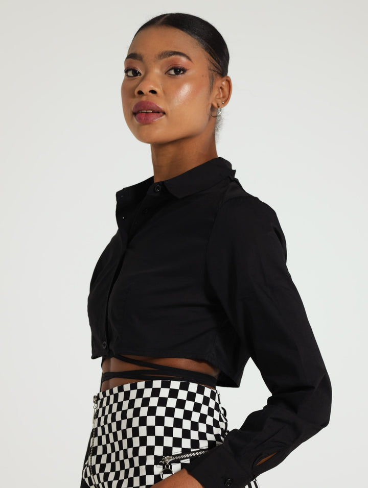 Long Sleeve Shirt With Tie Detail - Black