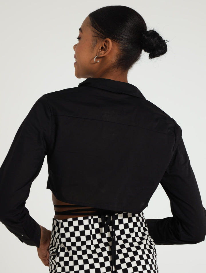 Long Sleeve Shirt With Tie Detail - Black