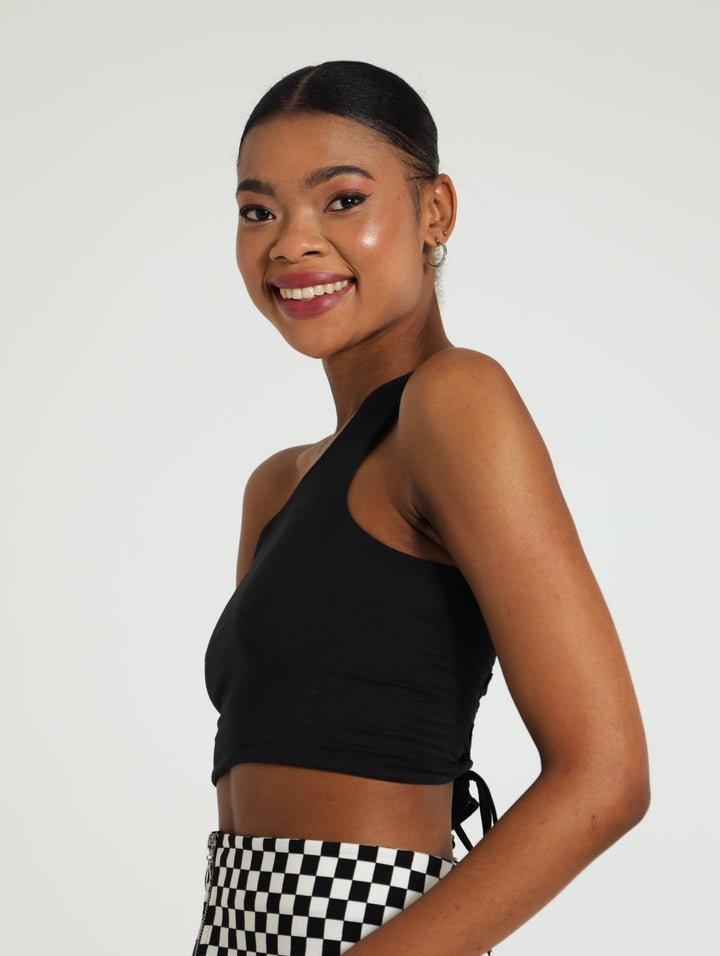 Asymmetrical Lace-Up Tank Top - Black