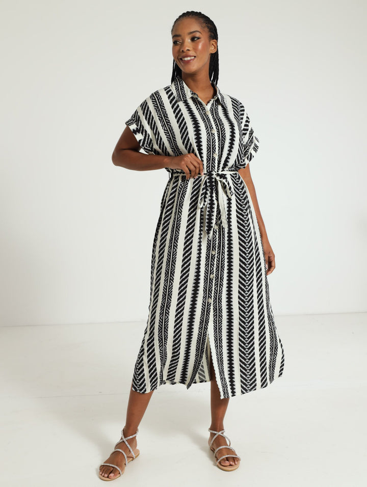 Aztec Belted Shirt Dress - White/Black