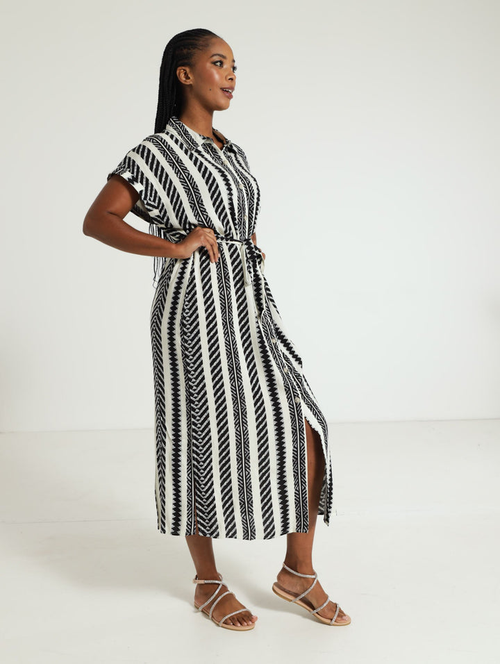 Aztec Belted Shirt Dress - White/Black