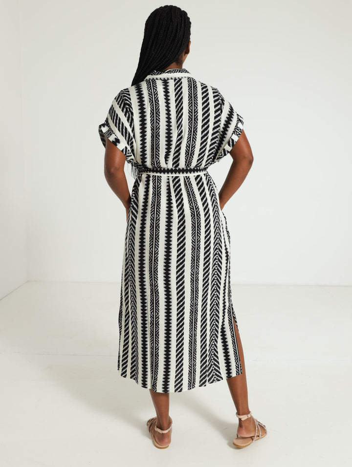 Aztec Belted Shirt Dress - White/Black