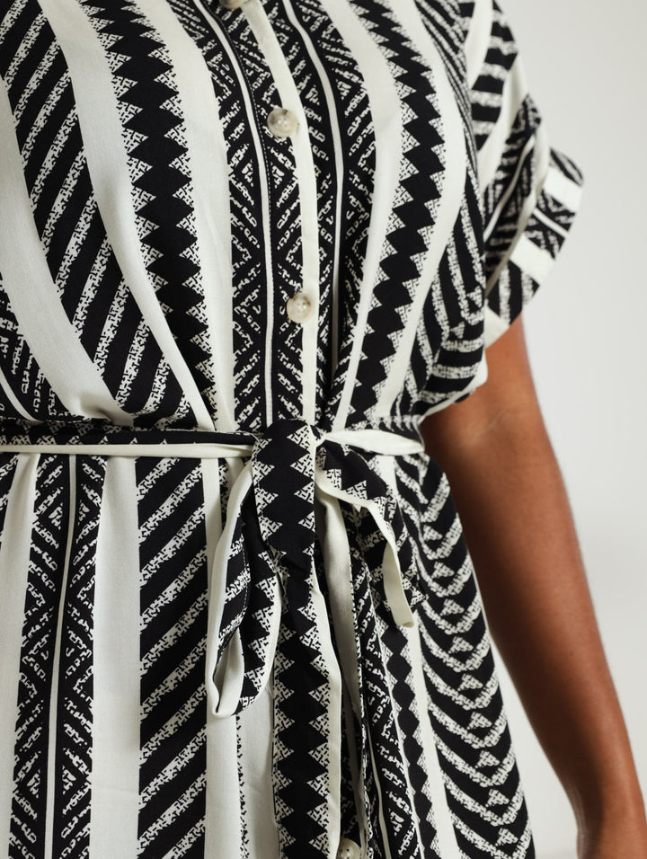 Aztec Belted Shirt Dress - White/Black