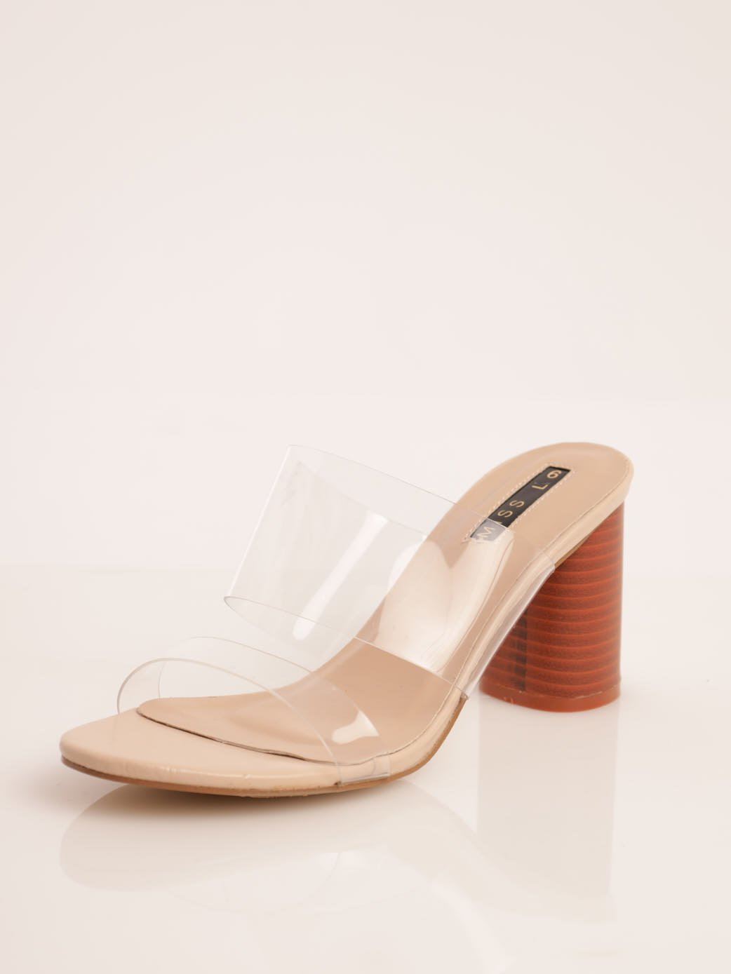 Ladies Vinyl Cylinder Stacked High Heel - Clear