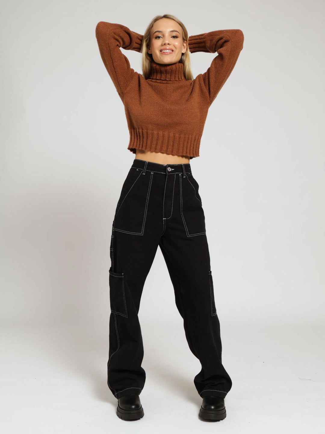 Plain Polo Neck Top - Brown