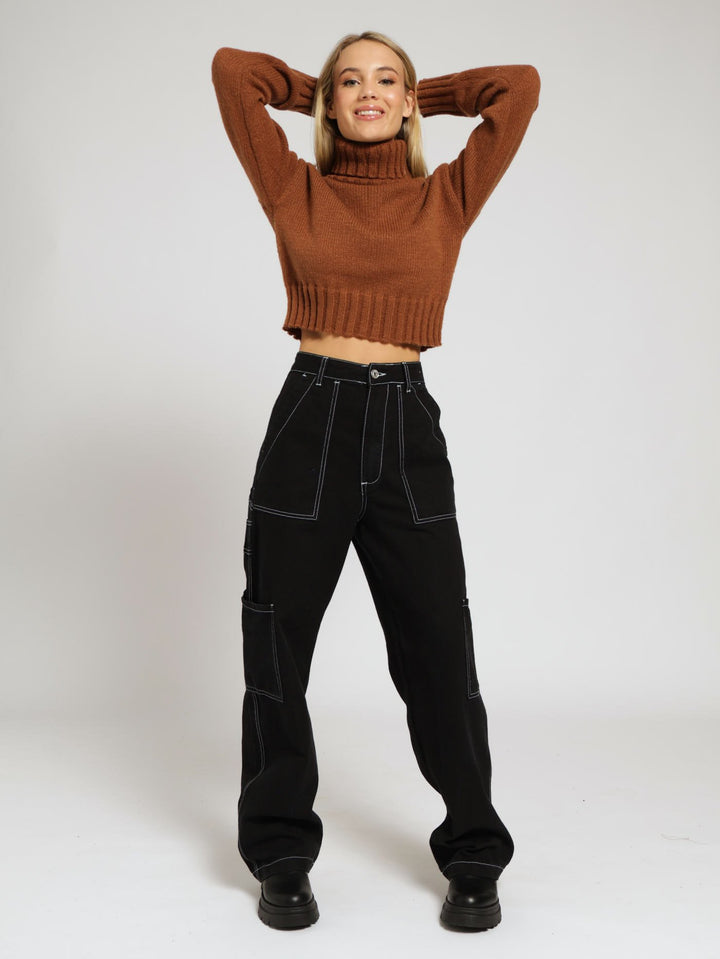 Plain Polo Neck Top - Brown