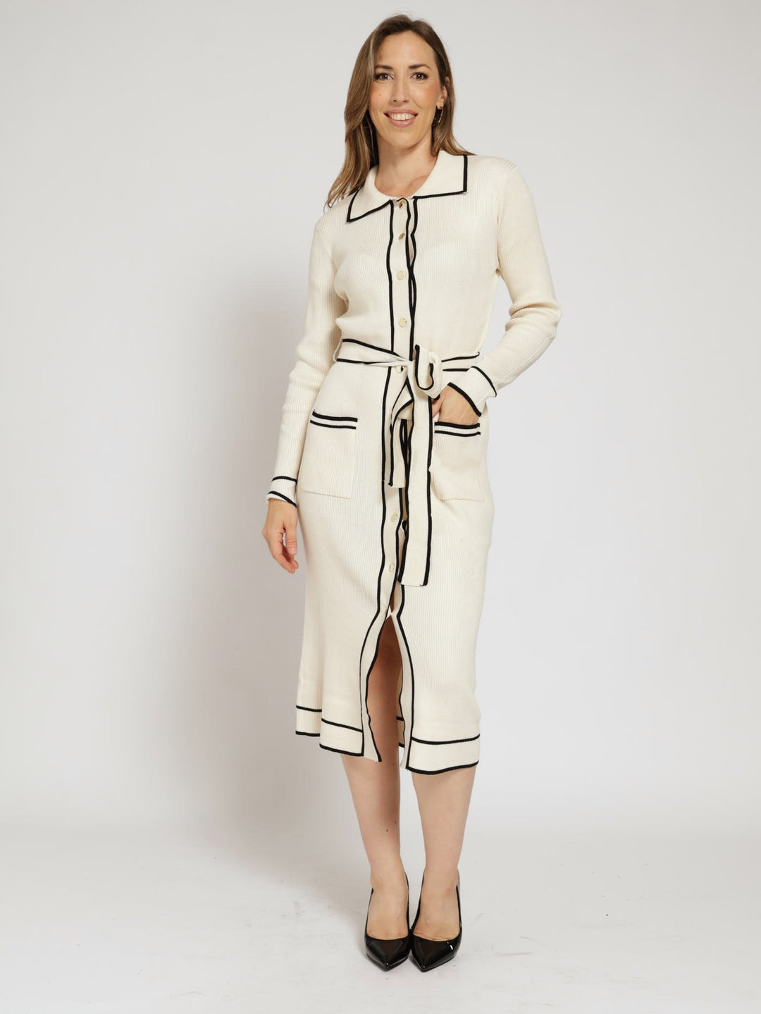 Belted Contrast Cardigan Dress - Black/Beige
