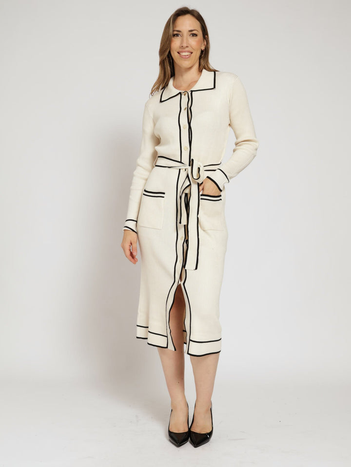 Belted Contrast Cardigan Dress - Black/Beige