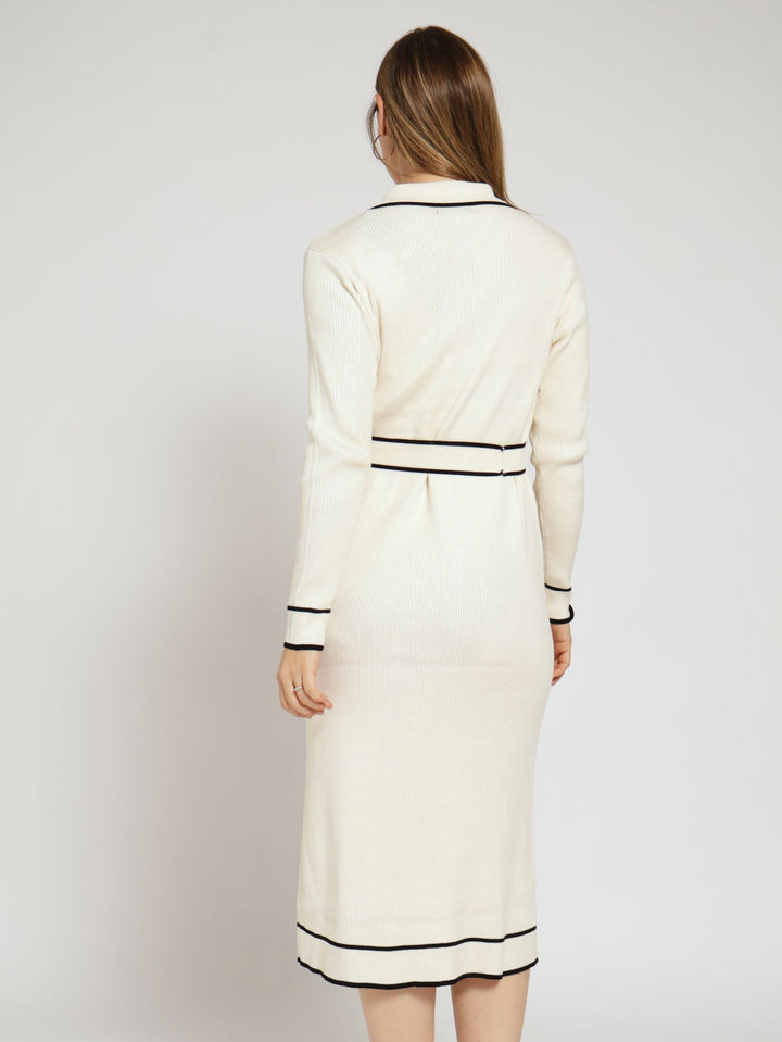 Belted Contrast Cardigan Dress - Black/Beige
