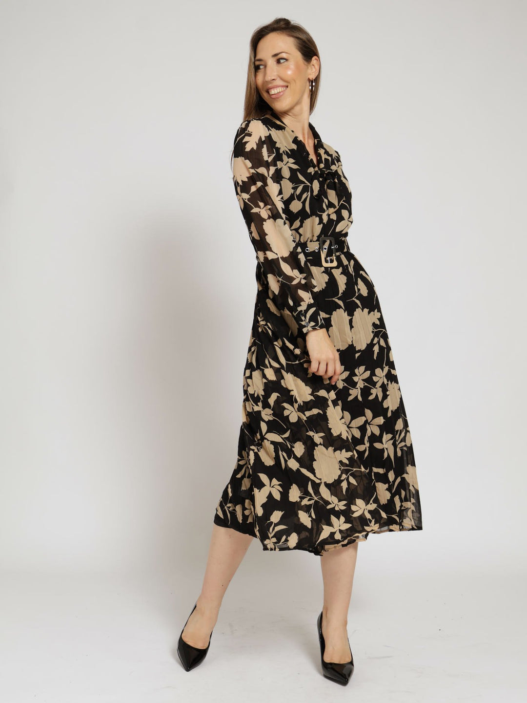 Kitty Bow Pleated Maxi Shirt Dress - Black/Beige