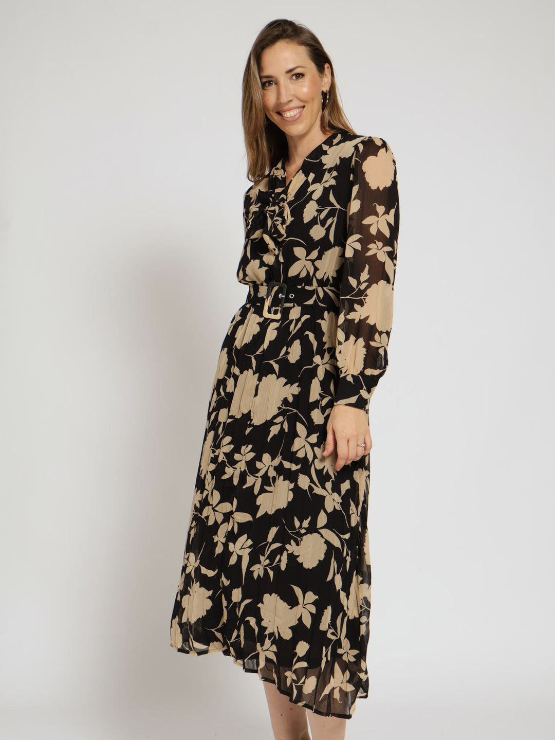 Kitty Bow Pleated Maxi Shirt Dress - Black/Beige