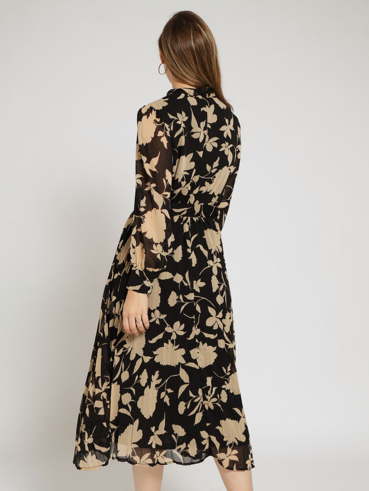 Kitty Bow Pleated Maxi Shirt Dress - Black/Beige