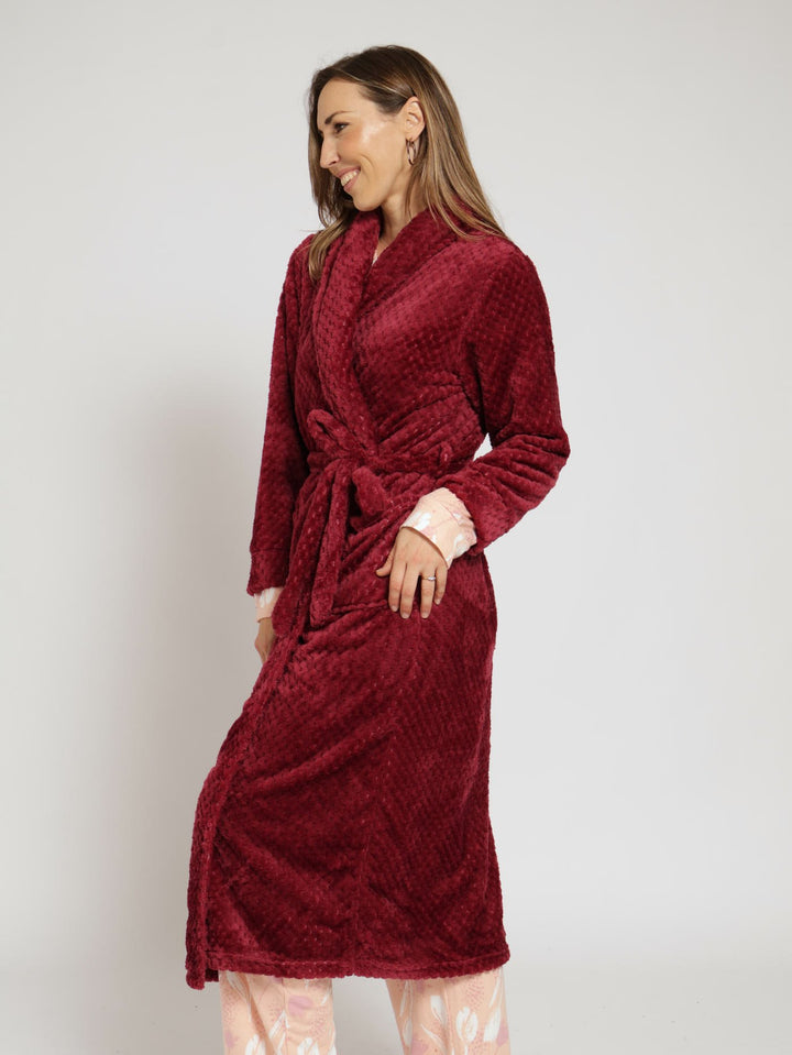 Waffle Textured Fluffy Gown - Burgundy