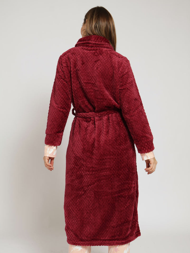 Waffle Textured Fluffy Gown - Burgundy