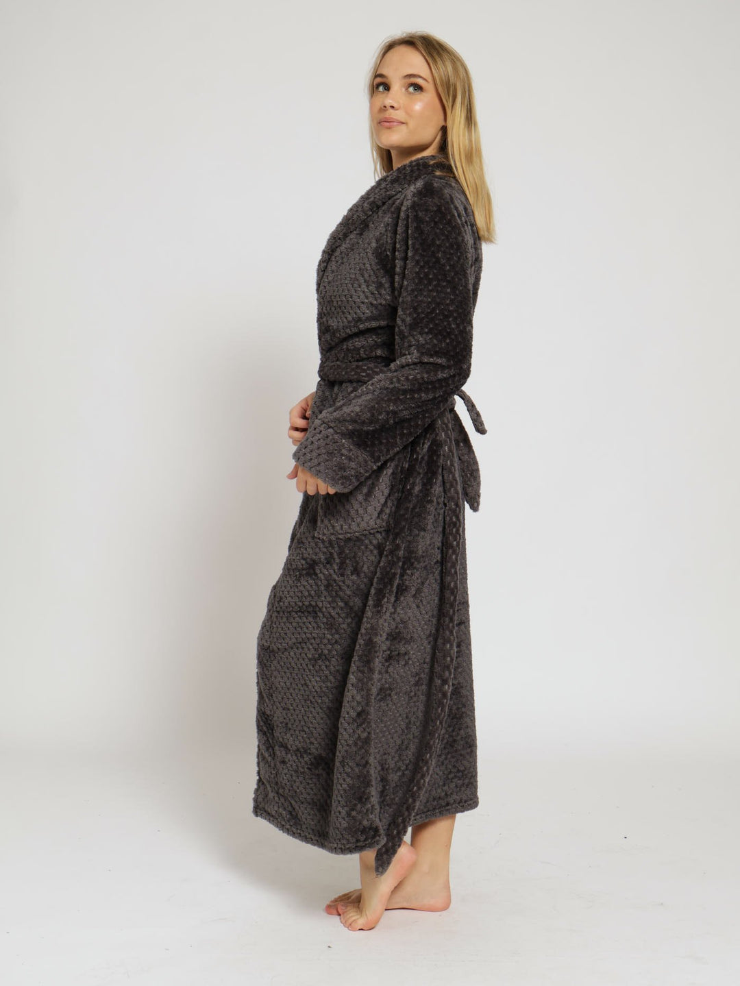 Waffle Textured Fluffy Gown - Grey