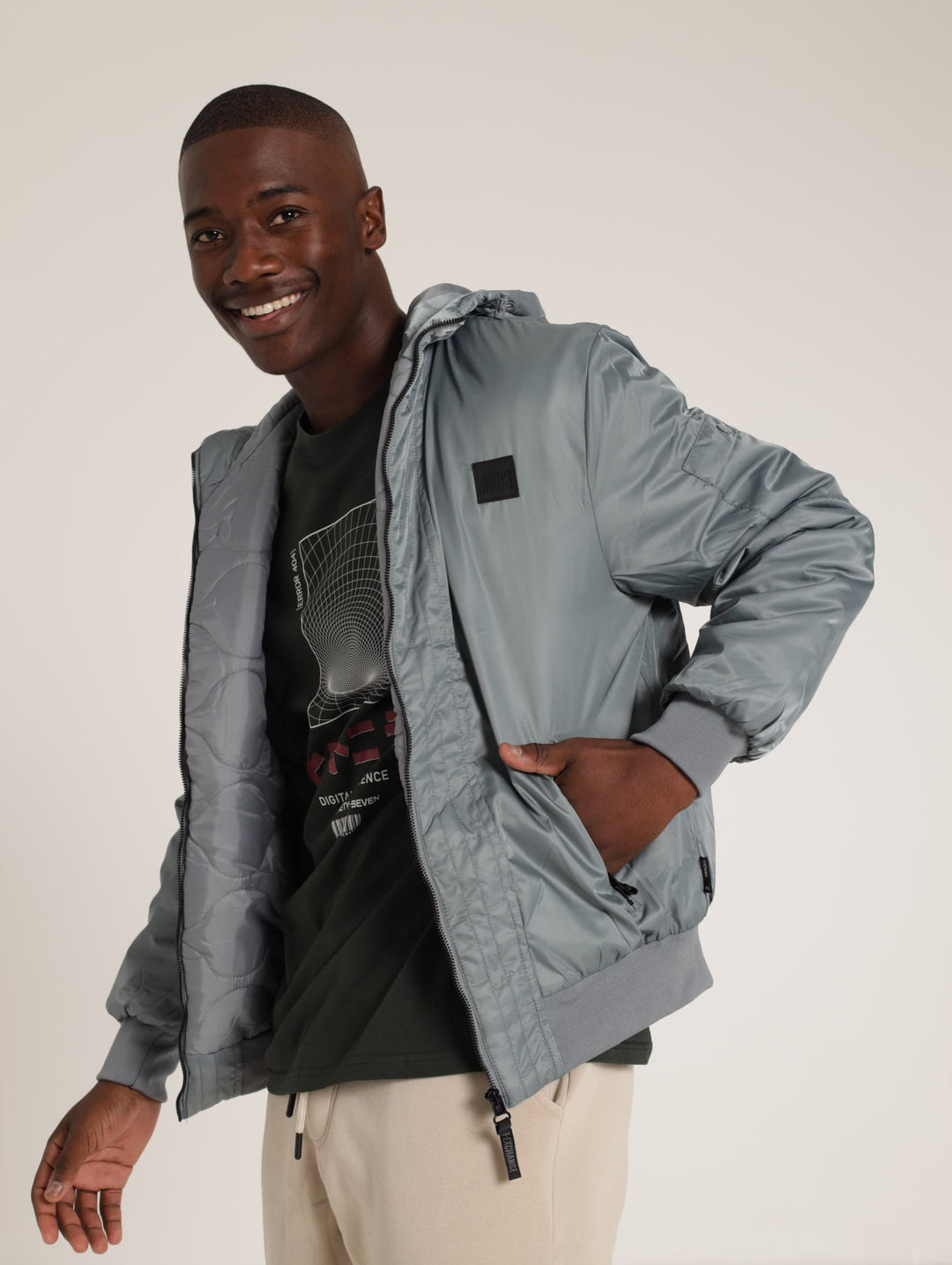 Hooded Bomber Jacket - Grey