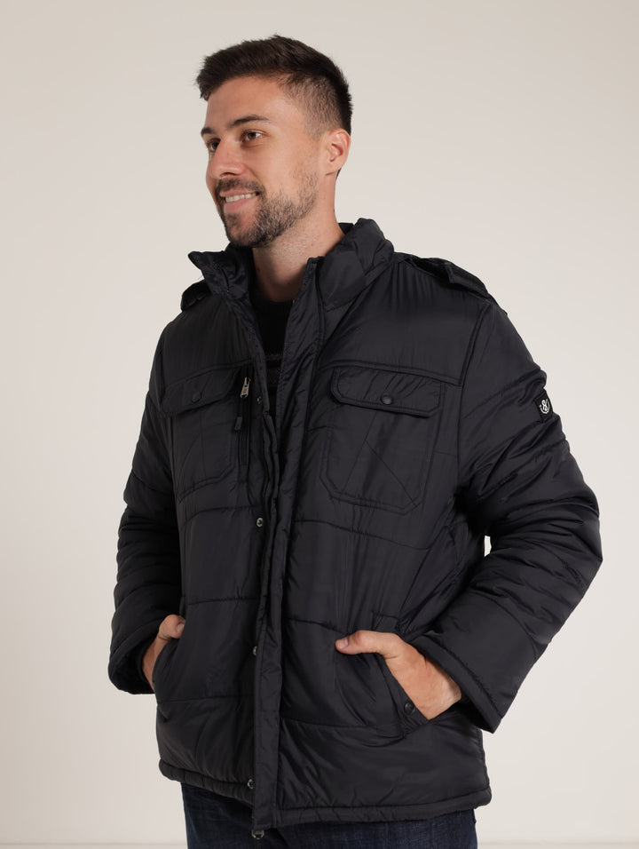 Plain Hooded Puffer Jacket - Black/Blue