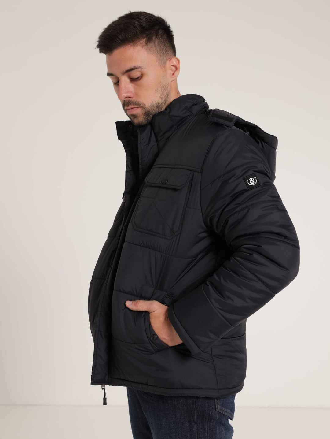 Plain Hooded Puffer Jacket - Black/Blue