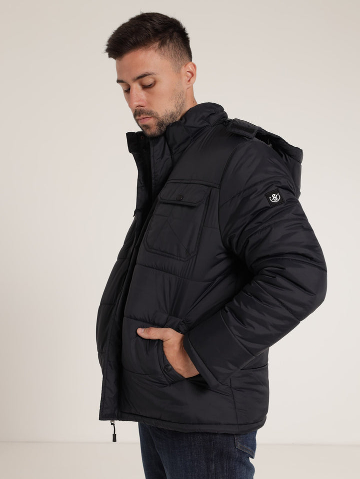 Plain Hooded Puffer Jacket - Black/Blue