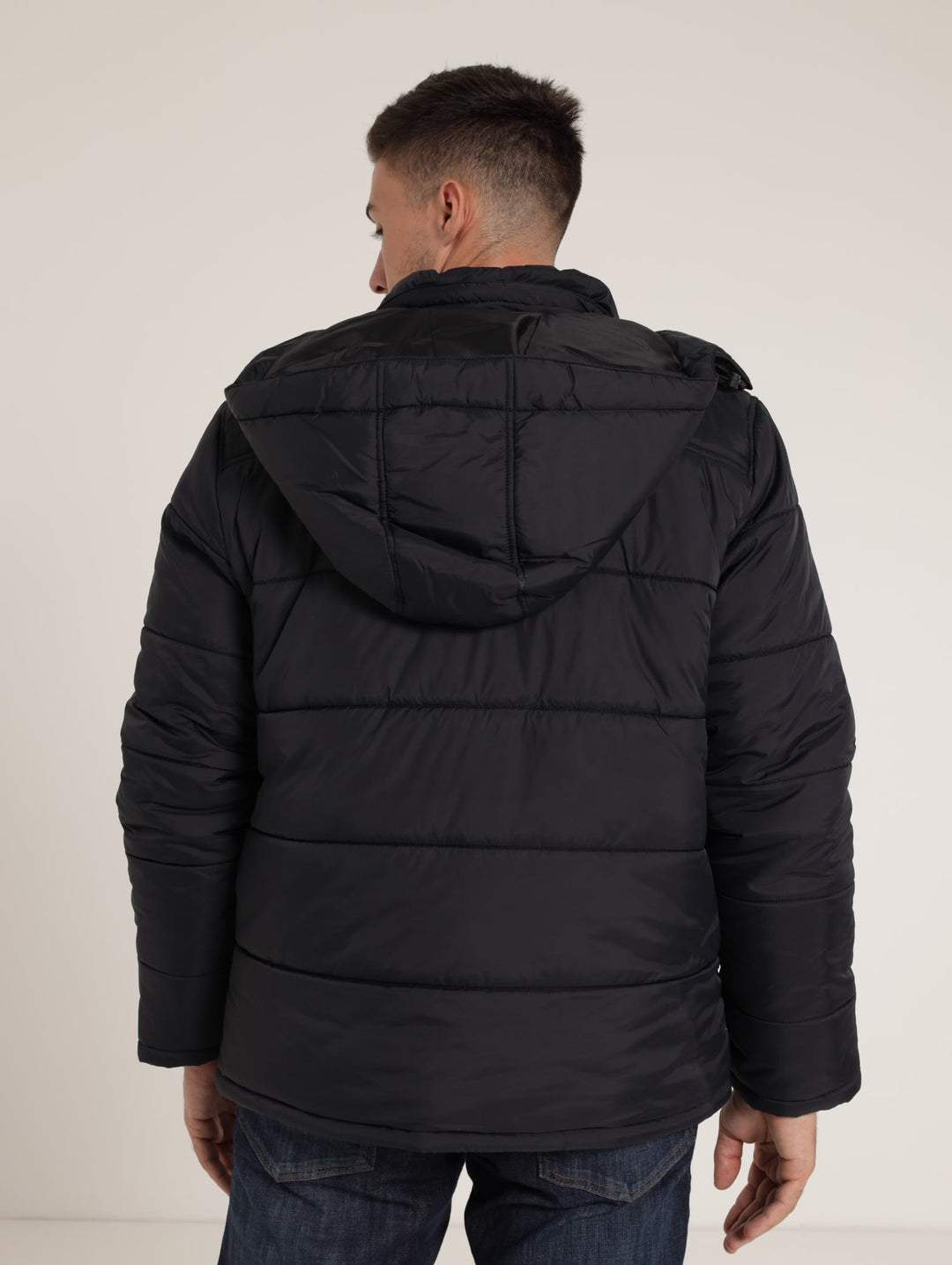 Plain Hooded Puffer Jacket - Black/Blue