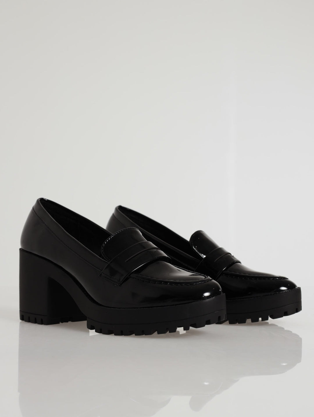 Platform Block Heel Penny Moc Loafer - Black