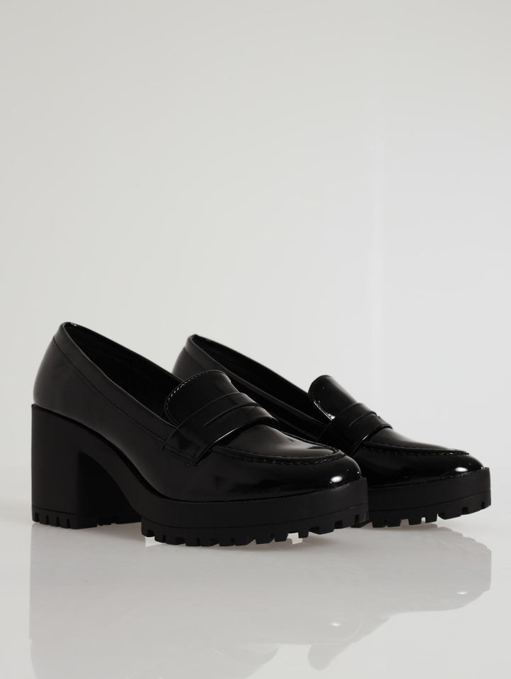 Platform Block Heel Penny Moc Loafer - Black