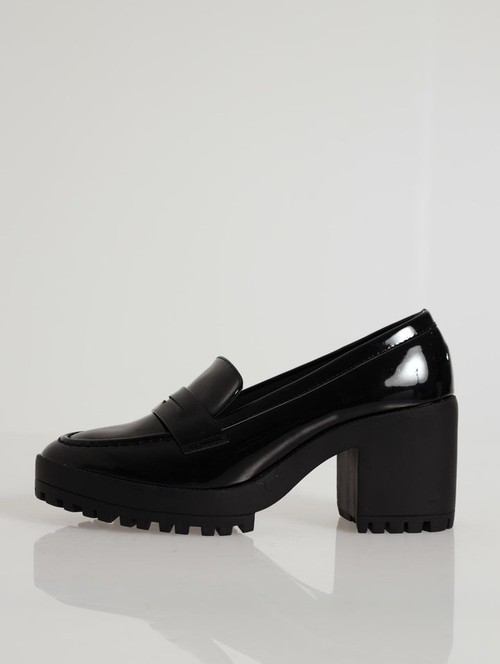 Platform Block Heel Penny Moc Loafer - Black