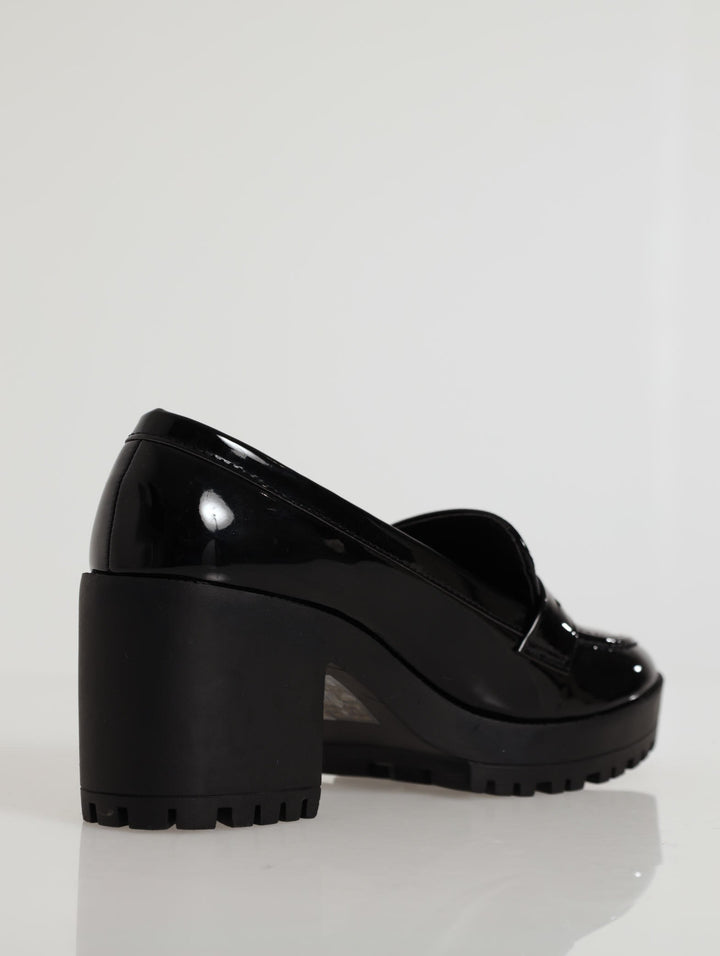 Platform Block Heel Penny Moc Loafer - Black