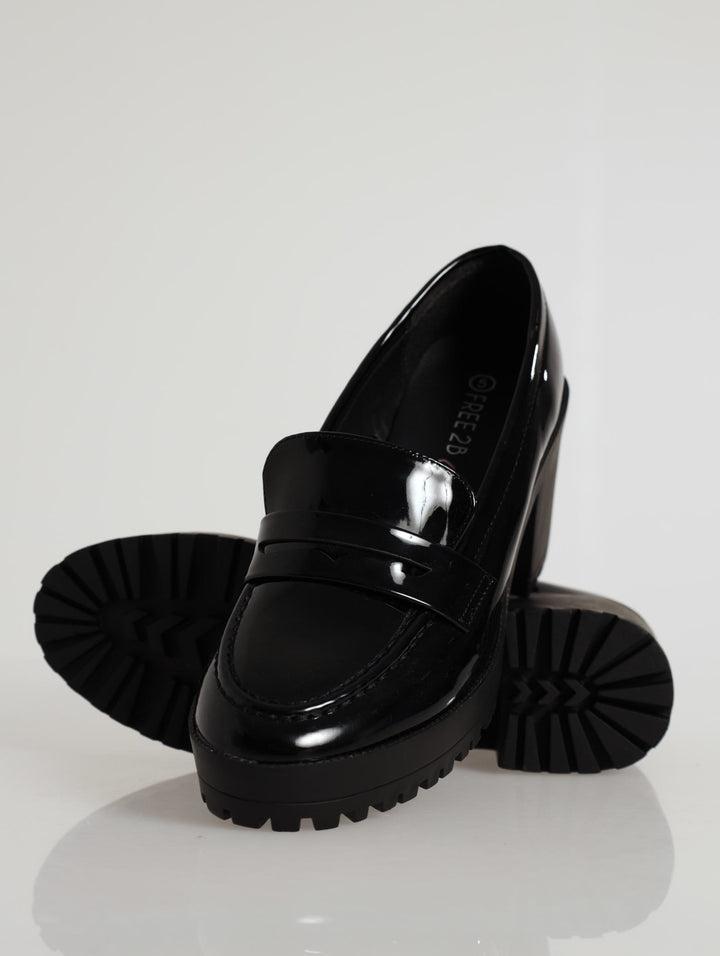 Platform Block Heel Penny Moc Loafer - Black