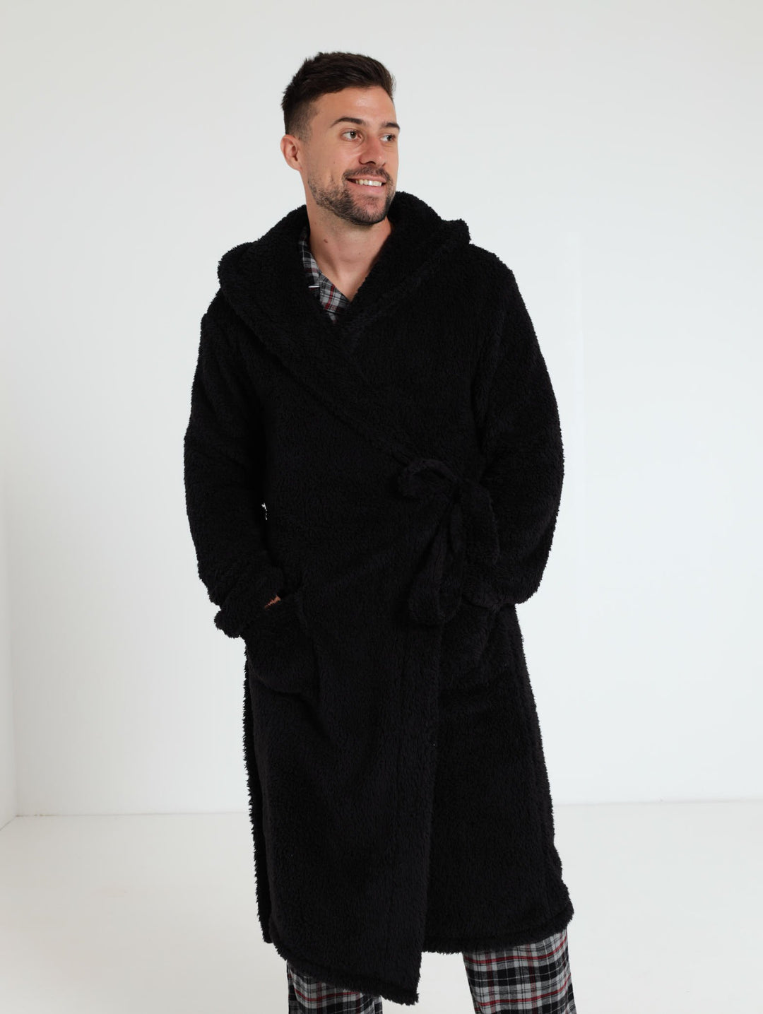 Plush Fleece Gown With Hoody - Black