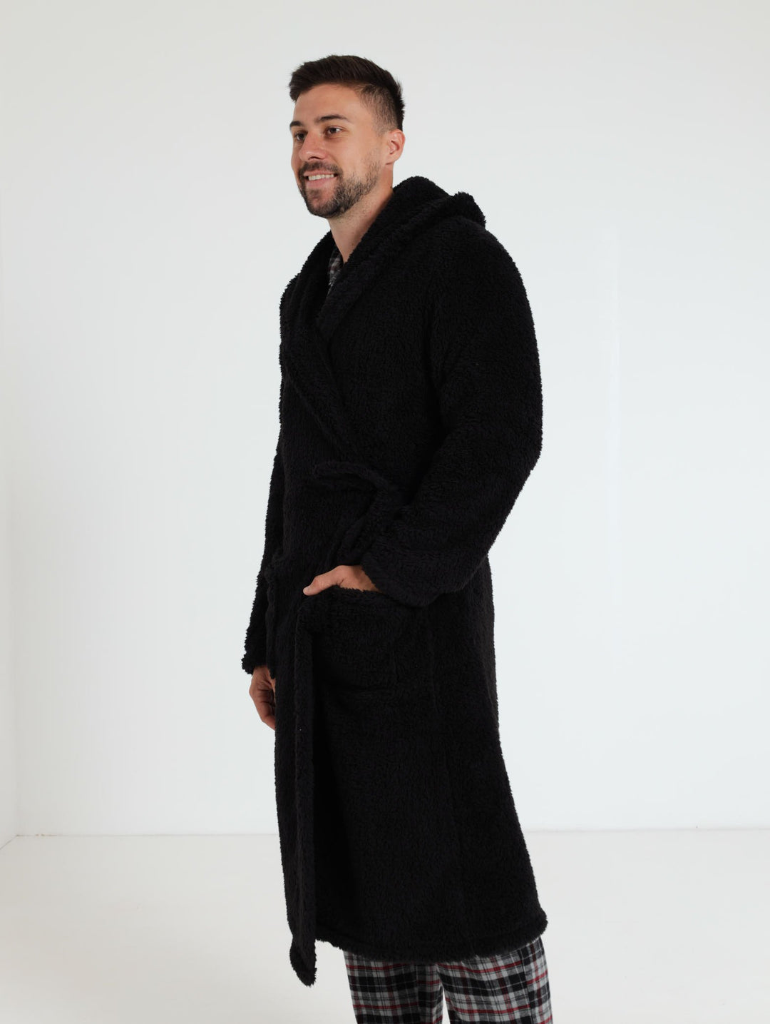 Plush Fleece Gown With Hoody - Black