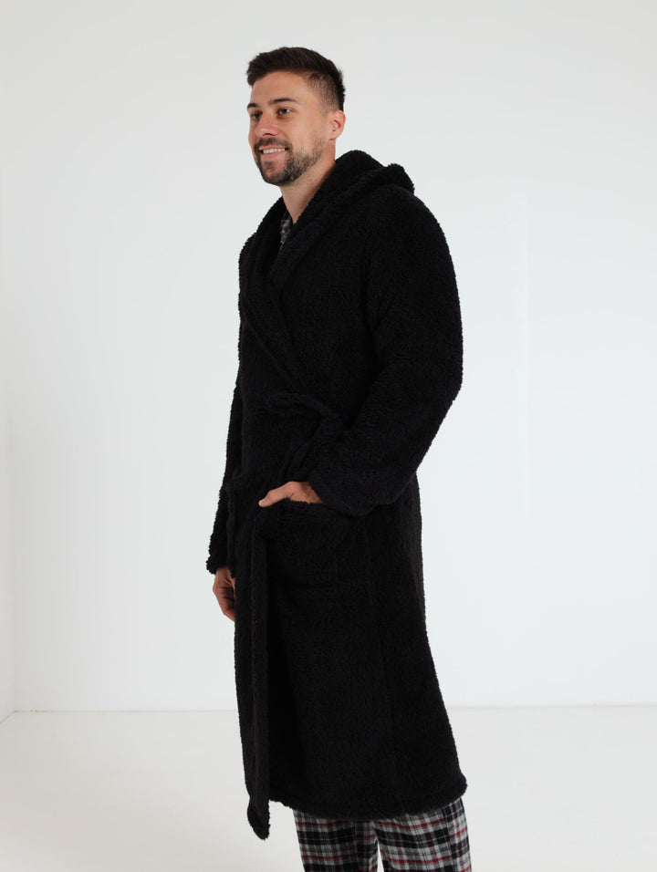 Plush Fleece Gown With Hoody - Black
