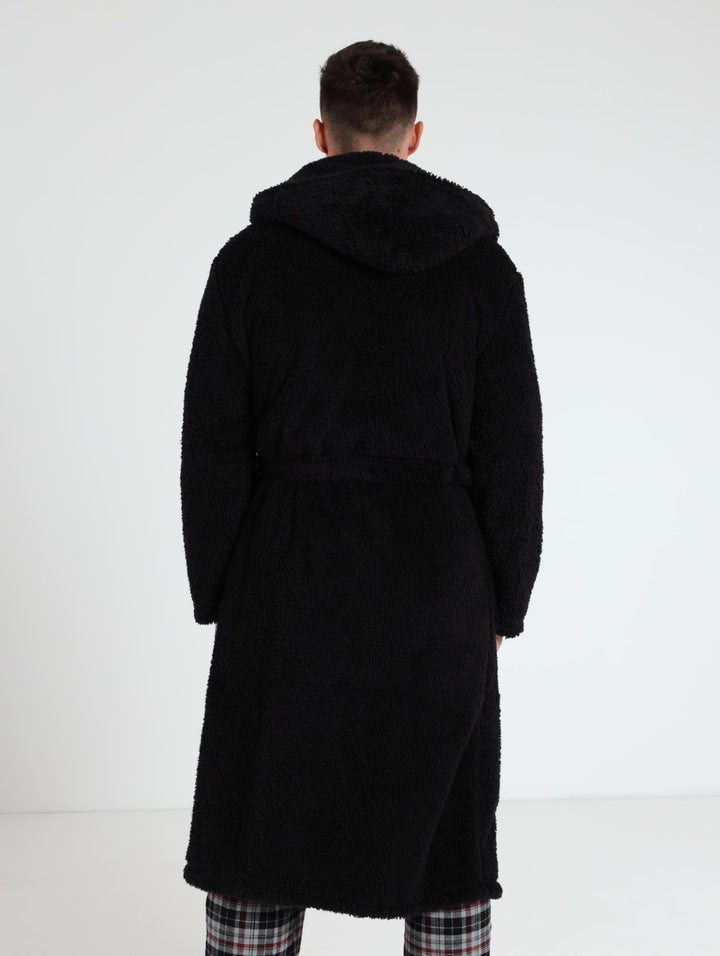 Plush Fleece Gown With Hoody - Black