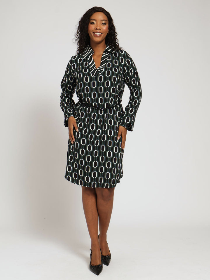Geo Shift Dress With Belt - Bottle