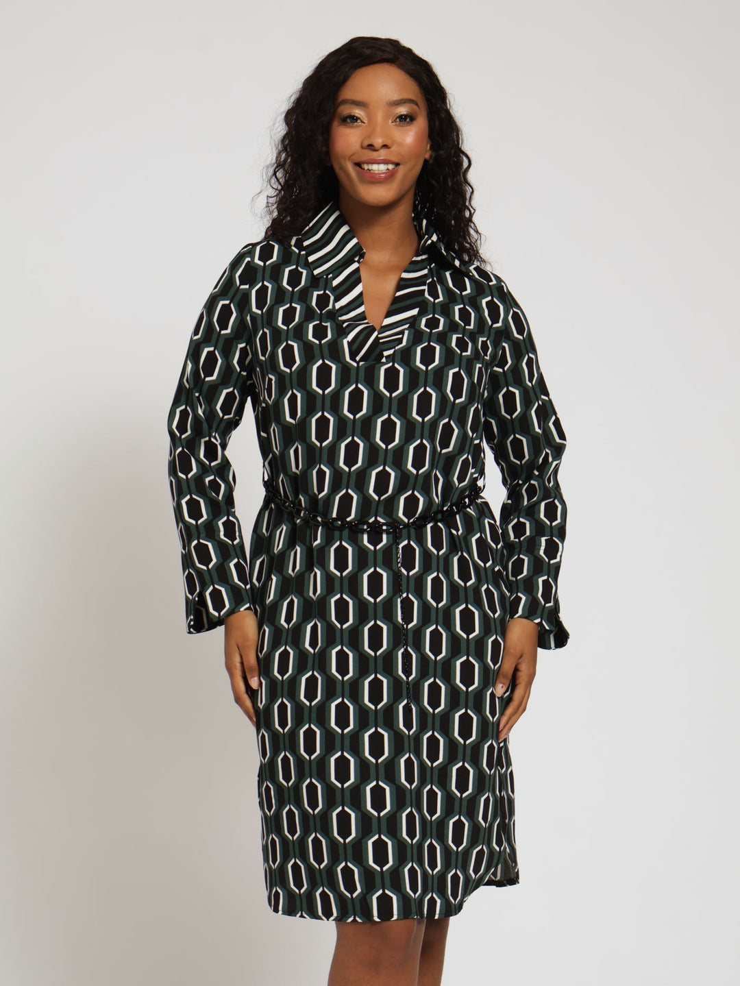 Geo Shift Dress With Belt - Bottle