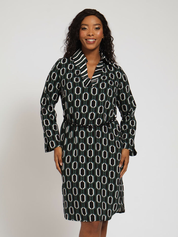 Geo Shift Dress With Belt - Bottle
