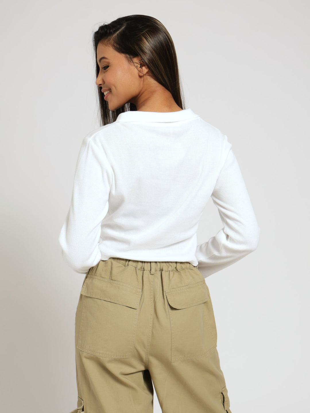 Long Sleeve Collar Basic Knit Top - White