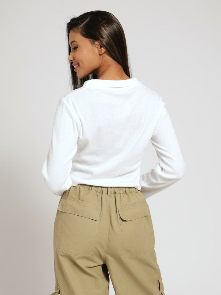 Long Sleeve Collar Basic Knit Top - White