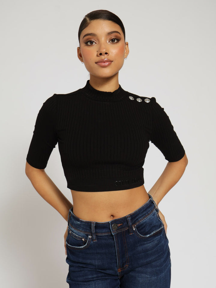Indya Funnel Neck Rib Crop Top With Logo - Black