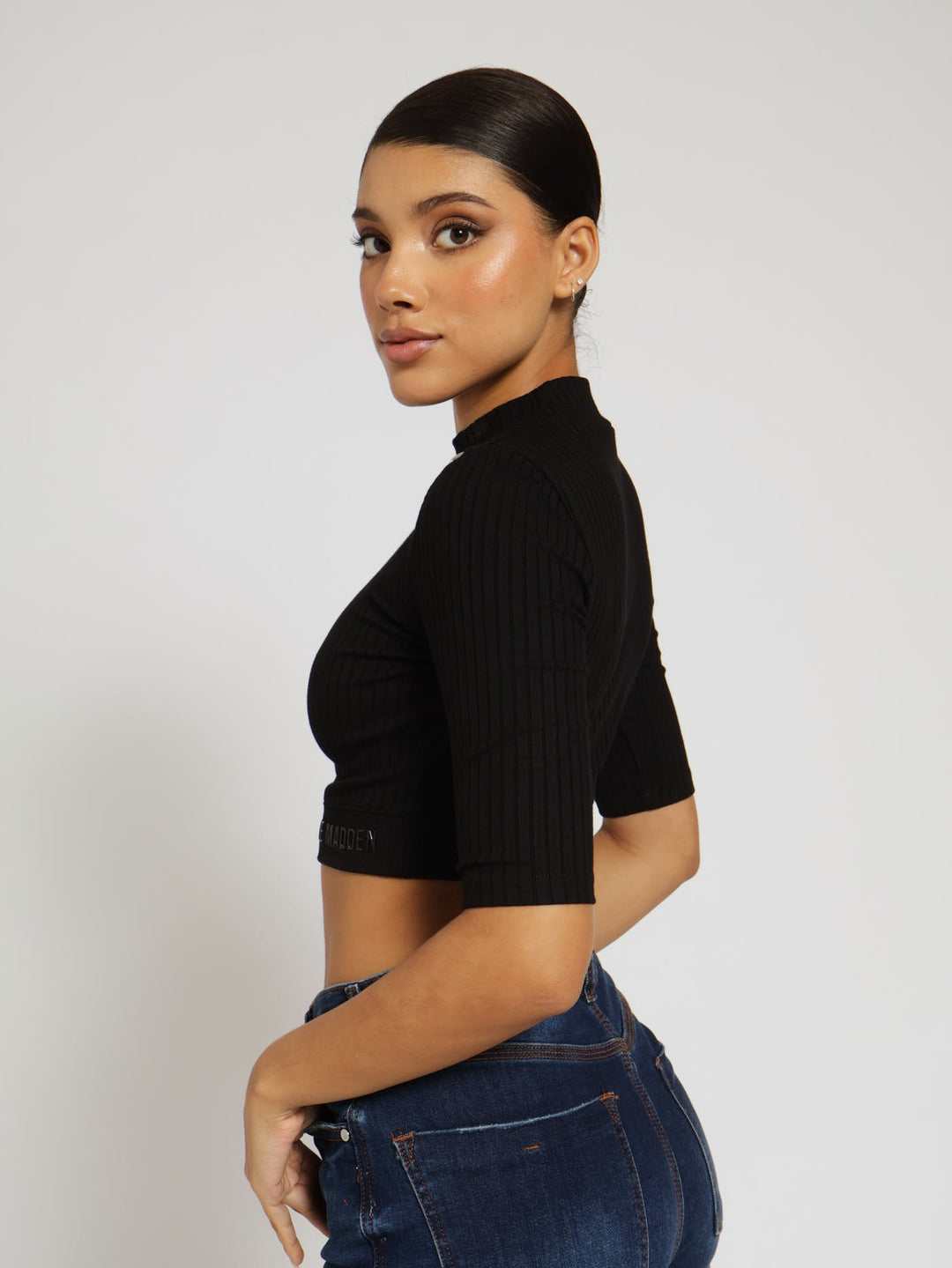 Indya Funnel Neck Rib Crop Top With Logo - Black