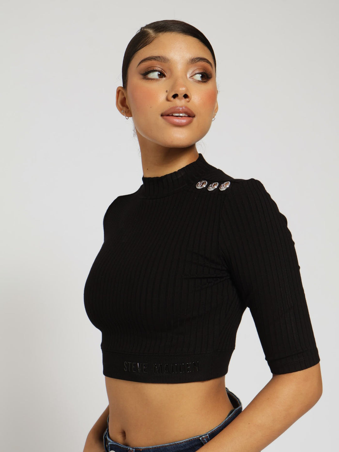 Indya Funnel Neck Rib Crop Top With Logo - Black