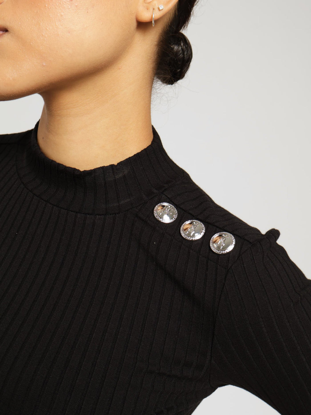 Indya Funnel Neck Rib Crop Top With Logo - Black